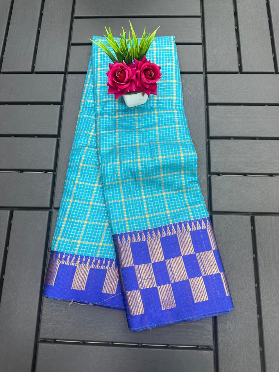 Aab Checks Pattern Printed Kanchipuram Silk Sarees